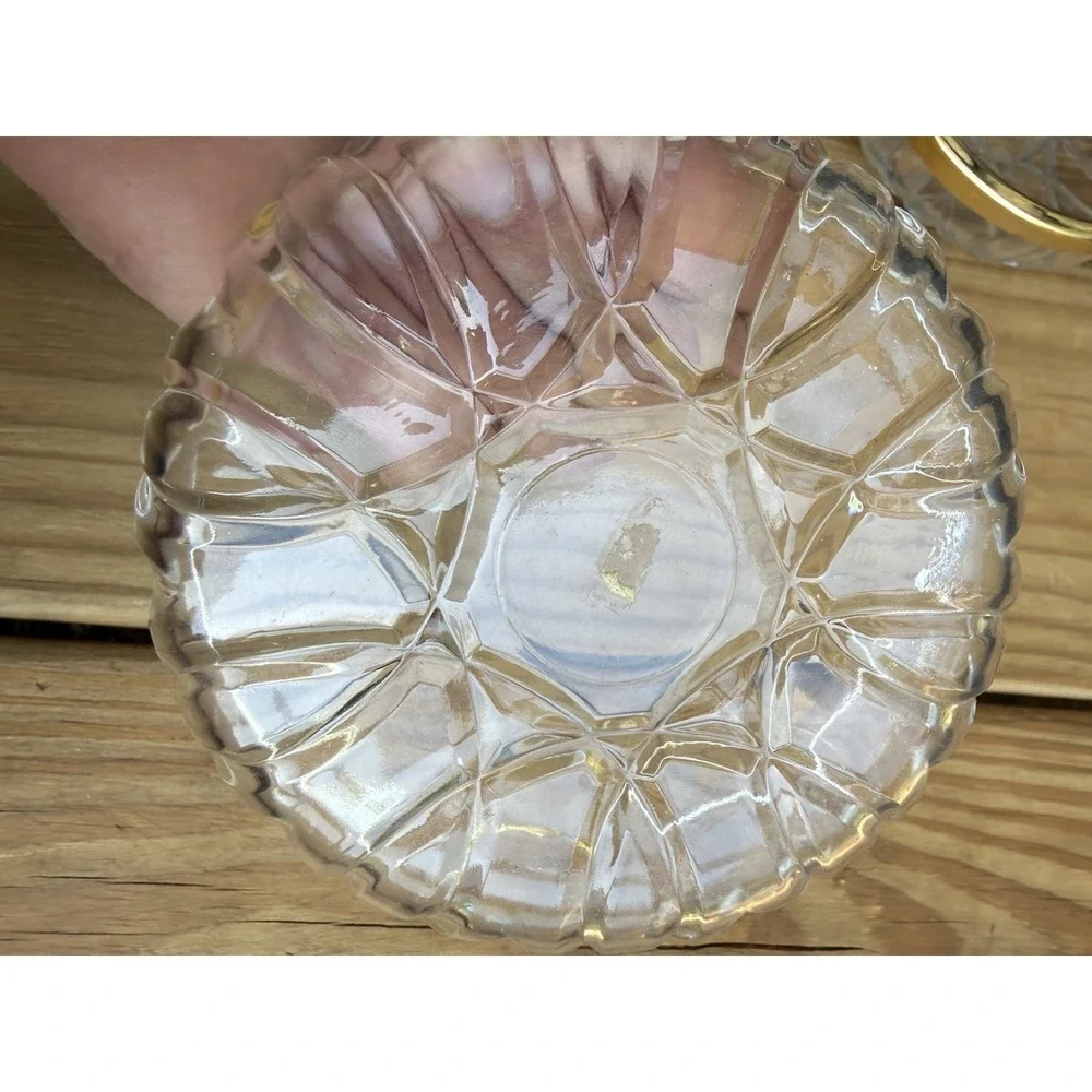 Vintage Cut Glass Crystal Round Gold Trim BowTie Hinged Dresser Trinket Box Bow